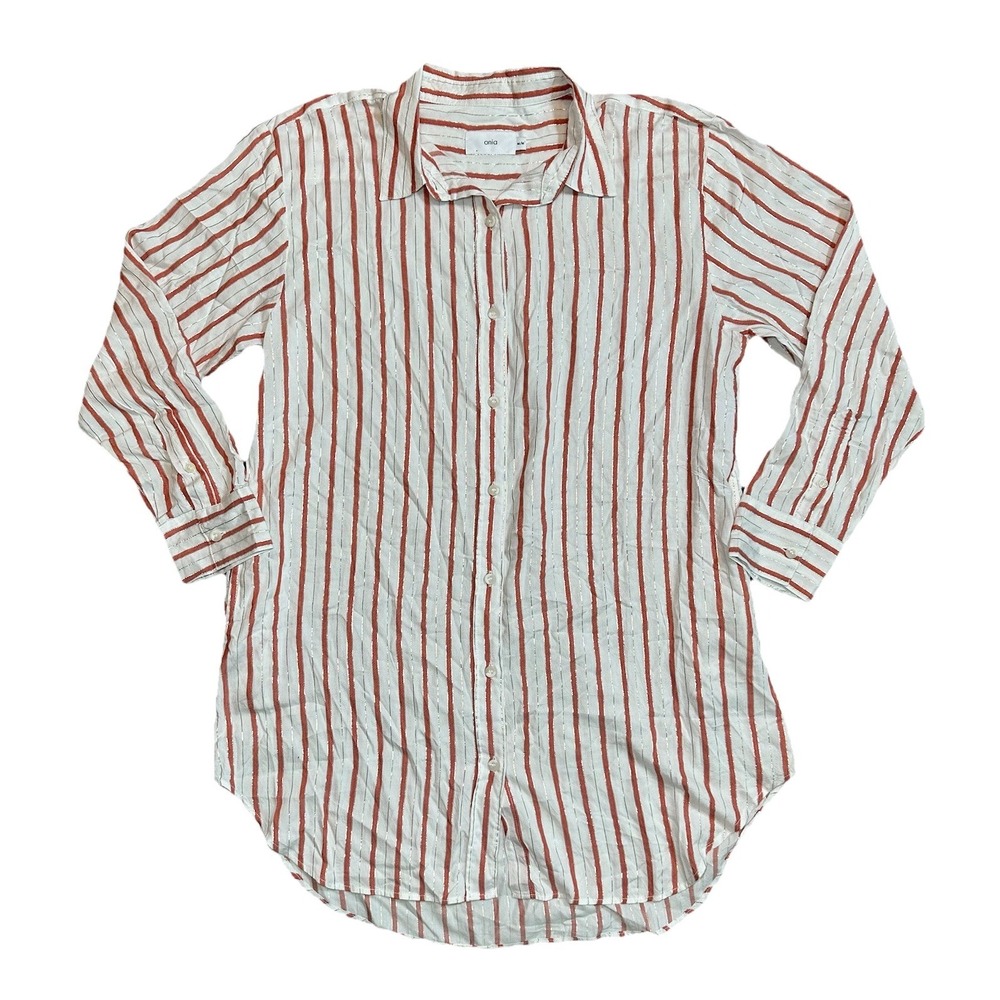 ONIA Womens MEDIUM Striped Metallic Button Up Shirt Dress Cover Up Red Preppy